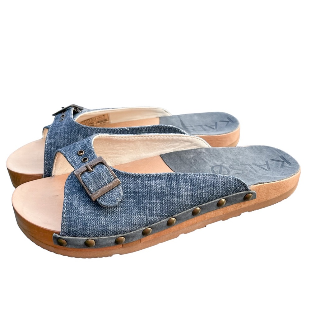 KALSO Earth Serenity Negative Heel Wooden Slide Sandals- Blue Denim